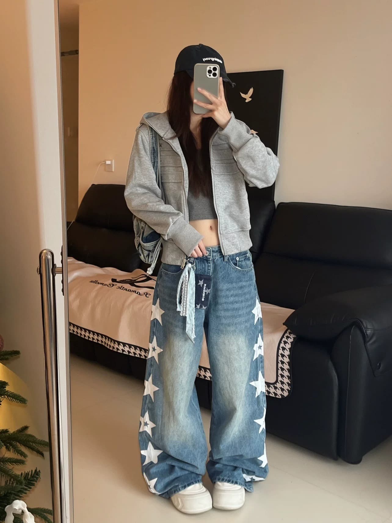 천 스포티 한 별 모통이 칼 파란색 청바지 여성 루즈핏 넓은 다리 스트레이트 워싱 아메리칸 레트로 디자인 센스 바지 상세 이미지 7