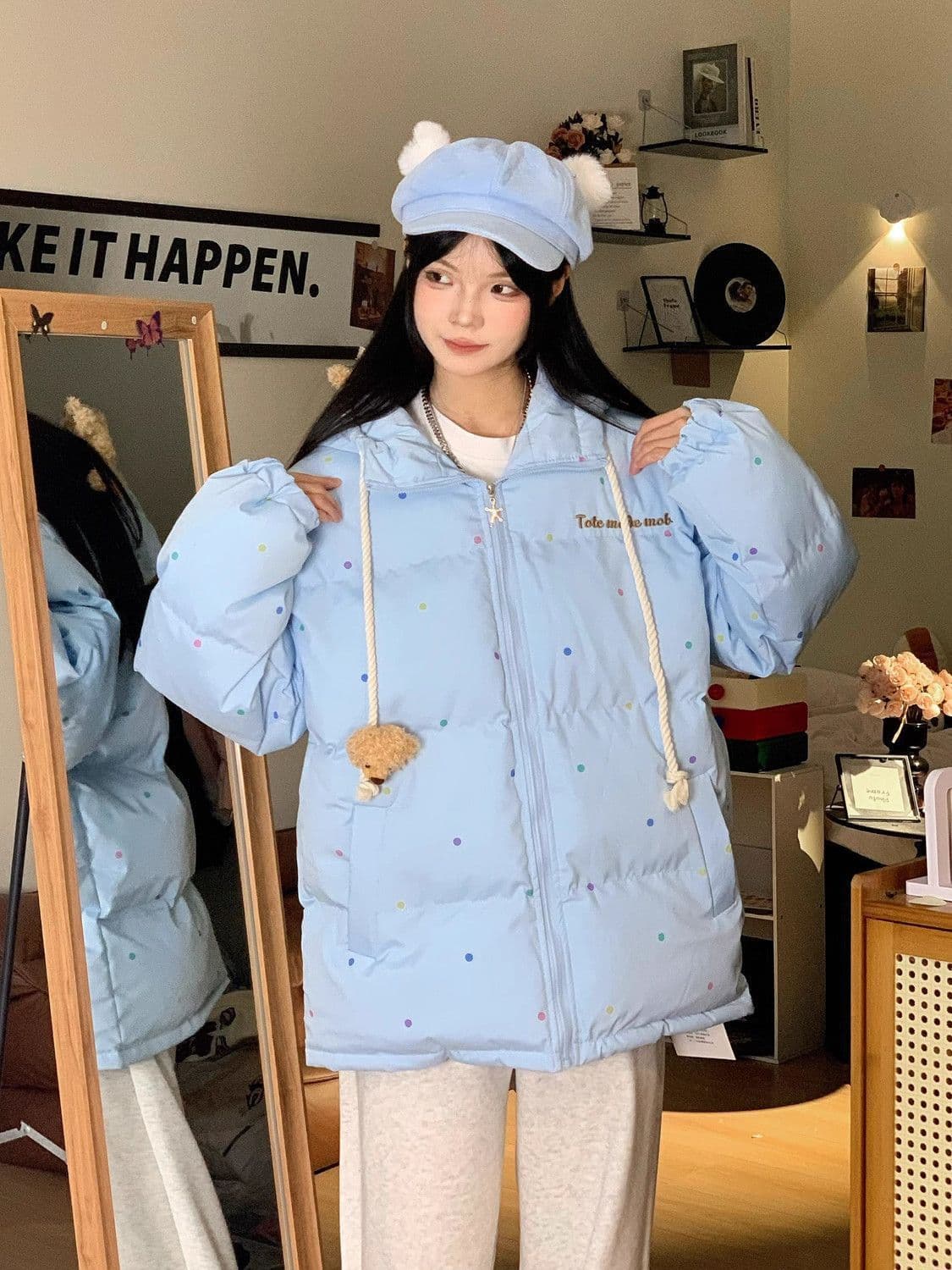 작은 곰 도트 무늬 후드 아래 면화 의류 여성 겨울 새로운 한 부서 귀여운 연령 감소 두꺼운 패딩 재킷 면 옷 재킷 상세 이미지 6