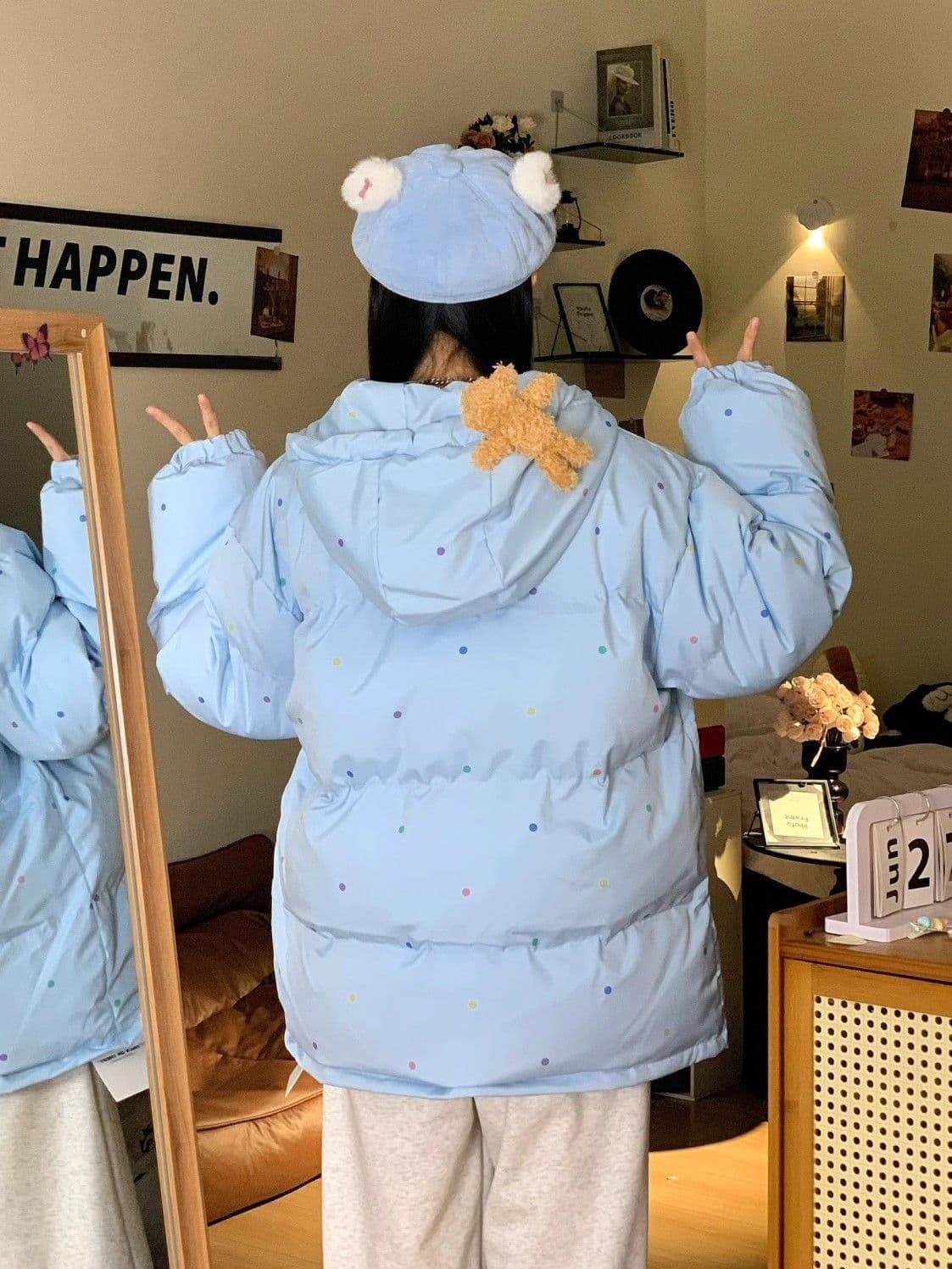 작은 곰 도트 무늬 후드 아래 면화 의류 여성 겨울 새로운 한 부서 귀여운 연령 감소 두꺼운 패딩 재킷 면 옷 재킷 상세 이미지 7