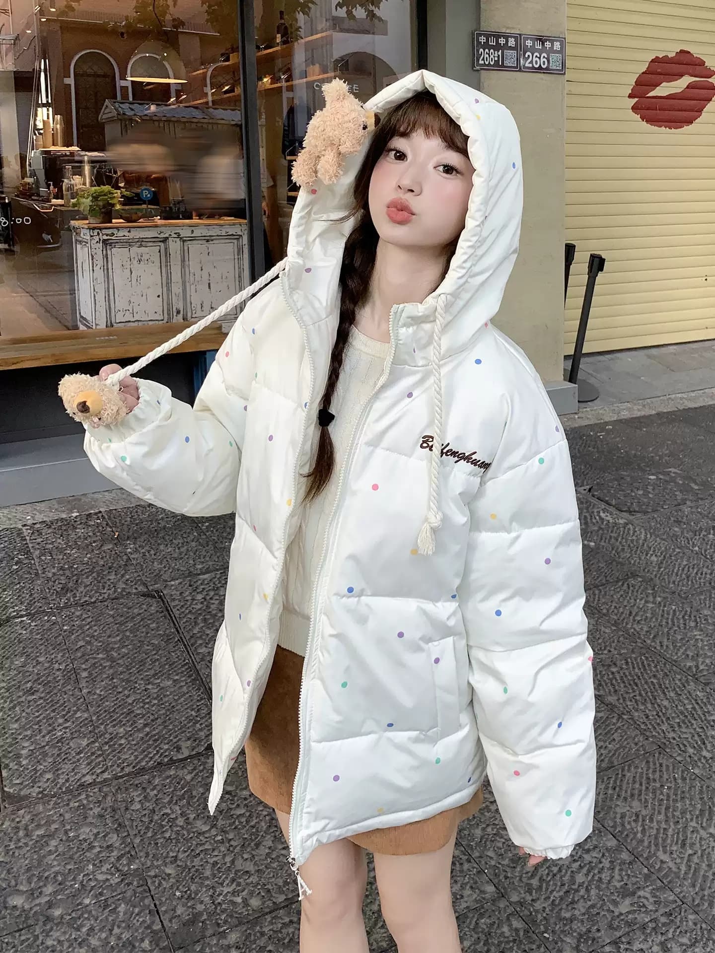 작은 곰 도트 무늬 후드 아래 면화 의류 여성 겨울 새로운 한 부서 귀여운 연령 감소 두꺼운 패딩 재킷 면 옷 재킷 상세 이미지 11