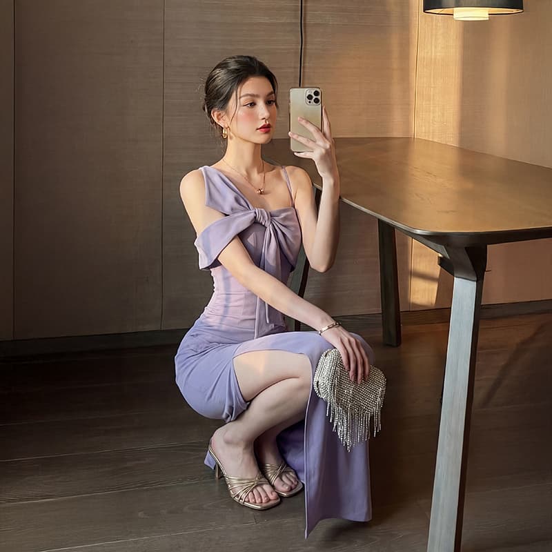실사 2026 새로운 패션 디자인 숄더백 나비 매듭 이브닝 드레스 섹시함 몸매 가꾸기 트임 슬립 롱 스커트 이미지 6