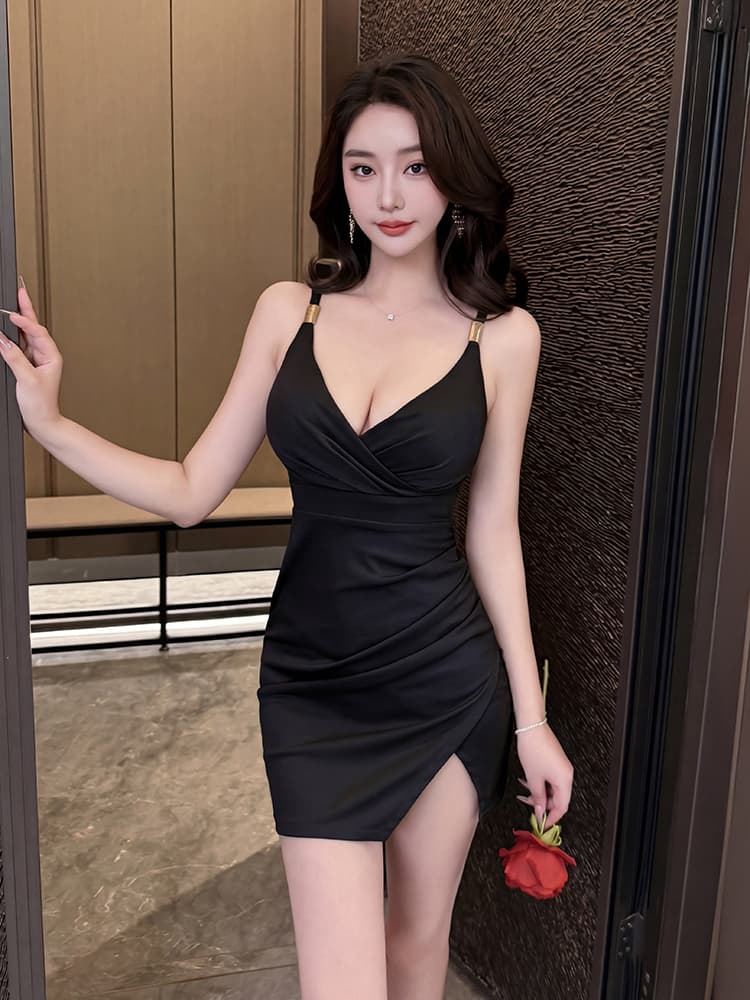 실사 비디오 2026 야간 필드 가게 낮은 가슴 섹시함 깊은 V 넥 슬립 타이트 스커트 드레스 슬림해 보이는 품격 미니 스커트 상세 이미지 13