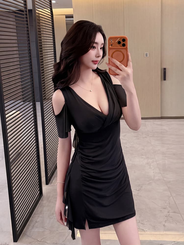실사 비디오 2026 나이트 클럽 드레스 표지 배 슬림해 보이는 타이트 타이트 스커트 섹시함 오프숄더 작업복 상세 이미지 14