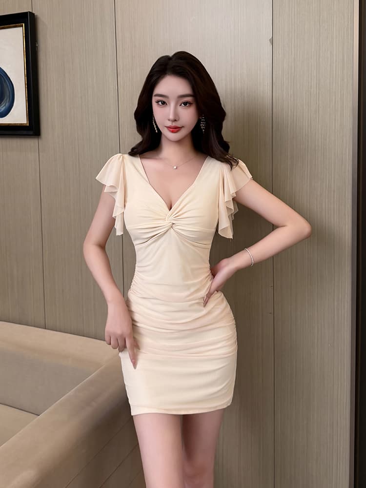 실사 비디오 새로운 섹시함 V넥 망사 Feifei 소매 드레스 품격 타이트 허리 수축 타이트 스커트 미니 스커트 상세 이미지 2