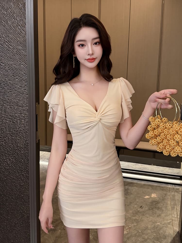 실사 비디오 새로운 섹시함 V넥 망사 Feifei 소매 드레스 품격 타이트 허리 수축 타이트 스커트 미니 스커트 상세 이미지 5