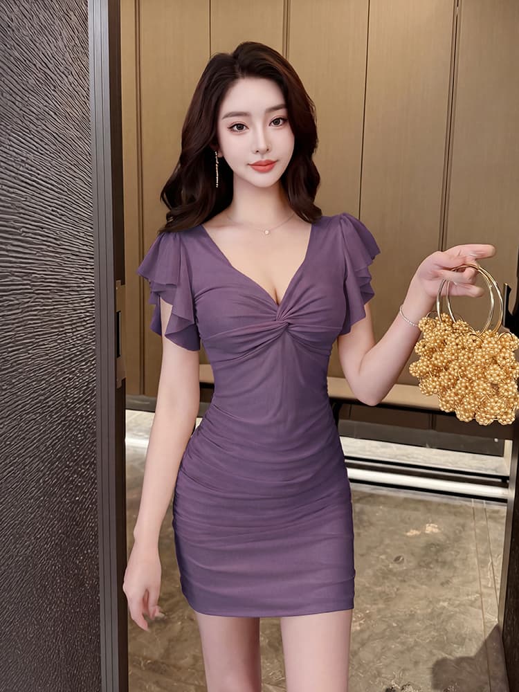 실사 비디오 새로운 섹시함 V넥 망사 Feifei 소매 드레스 품격 타이트 허리 수축 타이트 스커트 미니 스커트 상세 이미지 14
