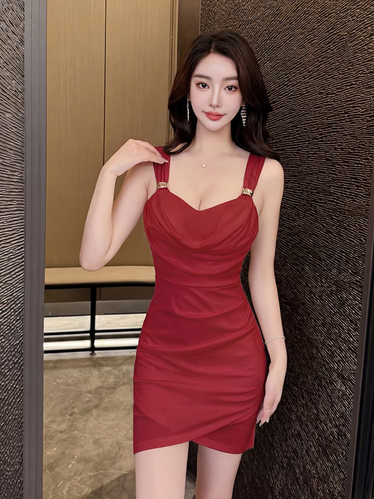 실사 비디오 2026 새로운 낮은 가슴 섹시함 깊은 V 넥 슬립 타이트 스커트 드레스 여름 백리스 미니 스커트 상세 이미지 12