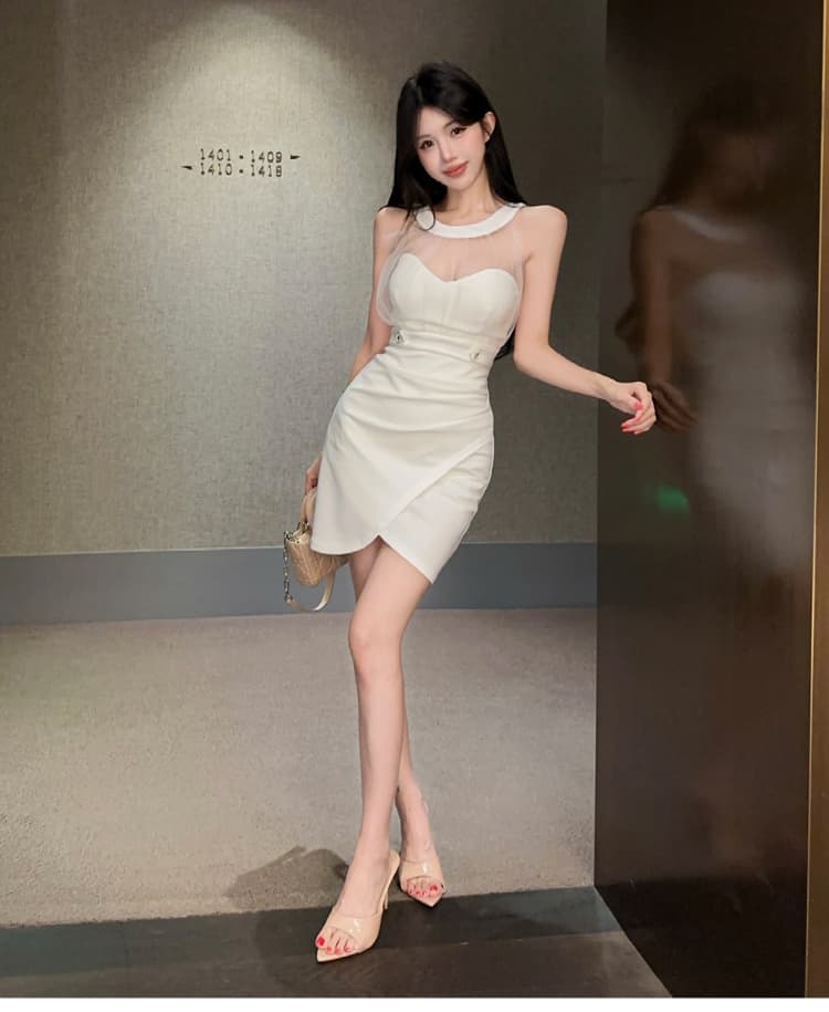 실사 2026 새로운 섹시함 순수한 욕망 바람 행침 목 드레스 슬림해 보이는 오프숄더 민소매 망사 타이트 스커트 짧은 치마 상세 이미지 1
