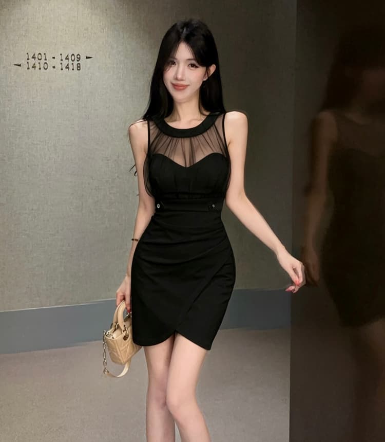 실사 2026 새로운 섹시함 순수한 욕망 바람 행침 목 드레스 슬림해 보이는 오프숄더 민소매 망사 타이트 스커트 짧은 치마 상세 이미지 26