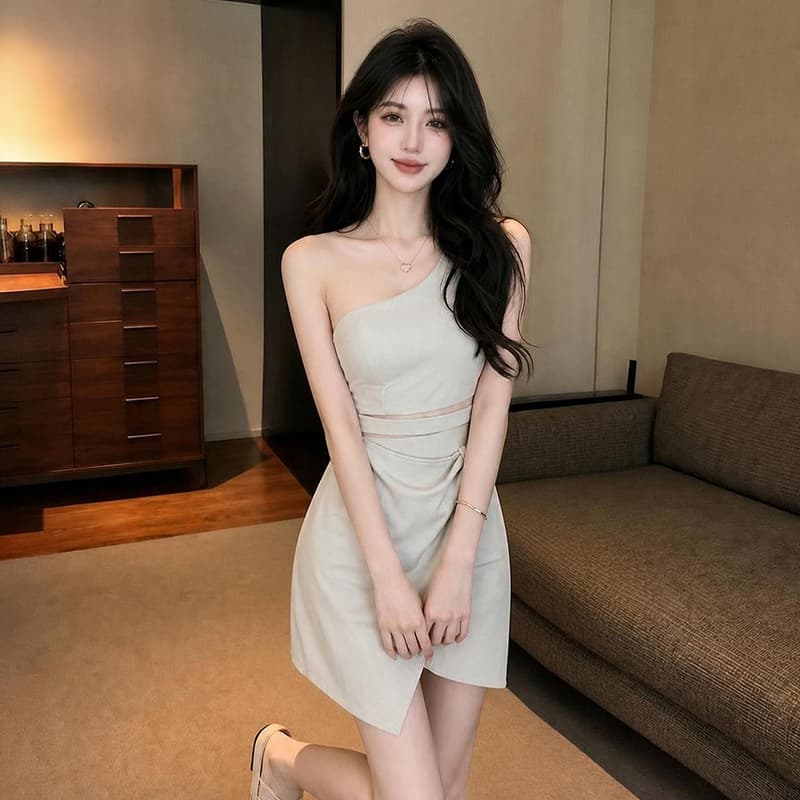 2026 새로운 슬림해 보이는 비스듬한 어깨 예복 홀로우 아웃 이슬 배 타이트 스커트 섹시함 숄더백 드레스 이미지 3