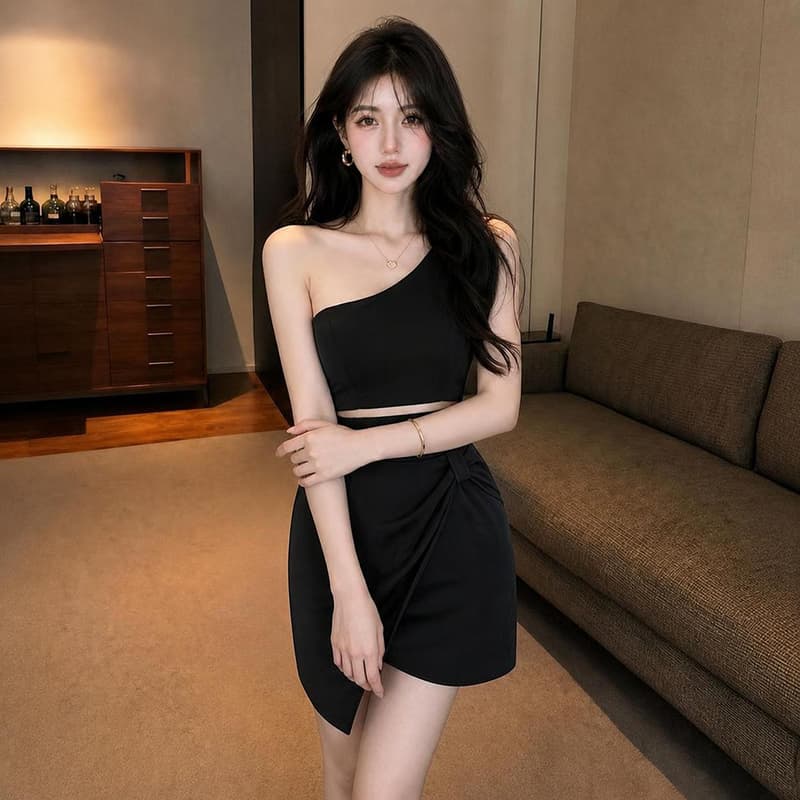 2026 새로운 슬림해 보이는 비스듬한 어깨 예복 홀로우 아웃 이슬 배 타이트 스커트 섹시함 숄더백 드레스 이미지 2