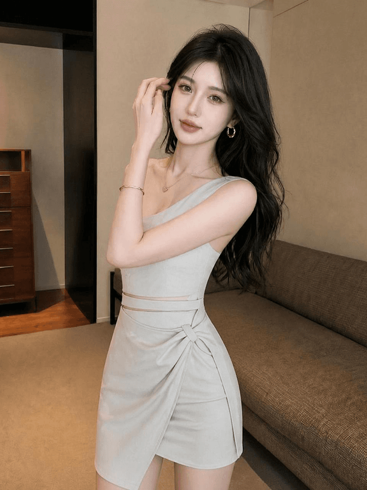 2026 새로운 슬림해 보이는 비스듬한 어깨 예복 홀로우 아웃 이슬 배 타이트 스커트 섹시함 숄더백 드레스 상세 이미지 3