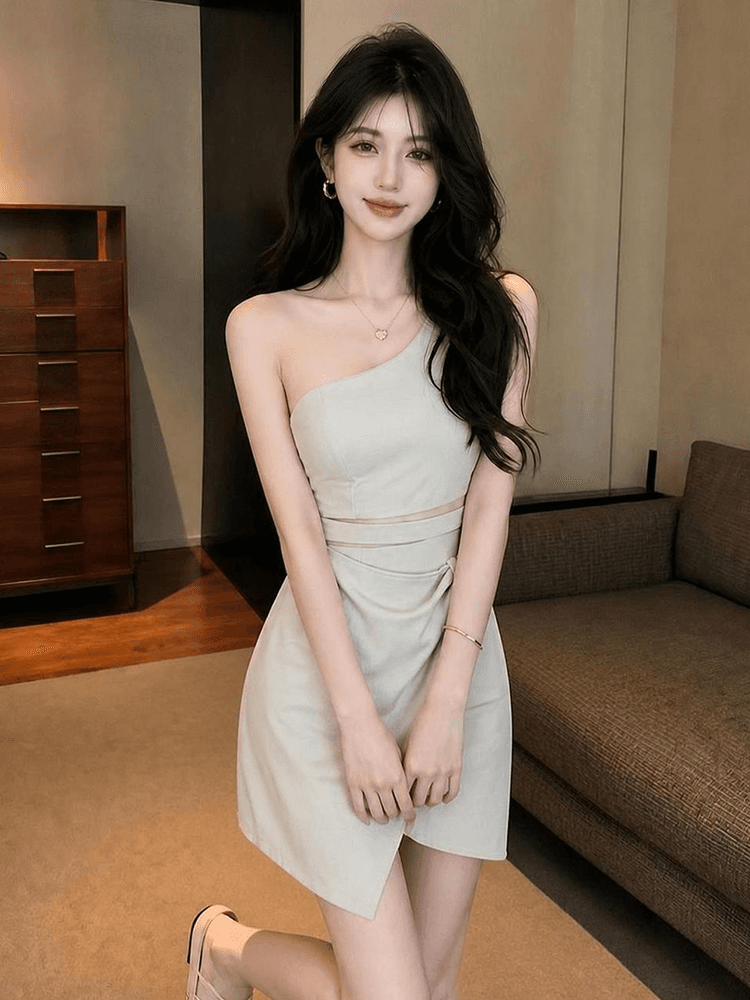 2026 새로운 슬림해 보이는 비스듬한 어깨 예복 홀로우 아웃 이슬 배 타이트 스커트 섹시함 숄더백 드레스 상세 이미지 4