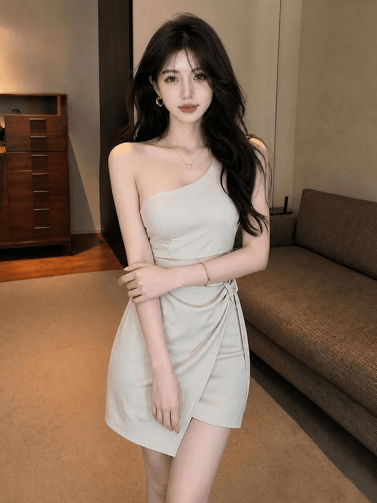 2026 새로운 슬림해 보이는 비스듬한 어깨 예복 홀로우 아웃 이슬 배 타이트 스커트 섹시함 숄더백 드레스 상세 이미지 5
