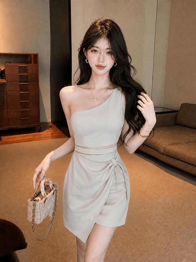 2026 새로운 슬림해 보이는 비스듬한 어깨 예복 홀로우 아웃 이슬 배 타이트 스커트 섹시함 숄더백 드레스 상세 이미지 6