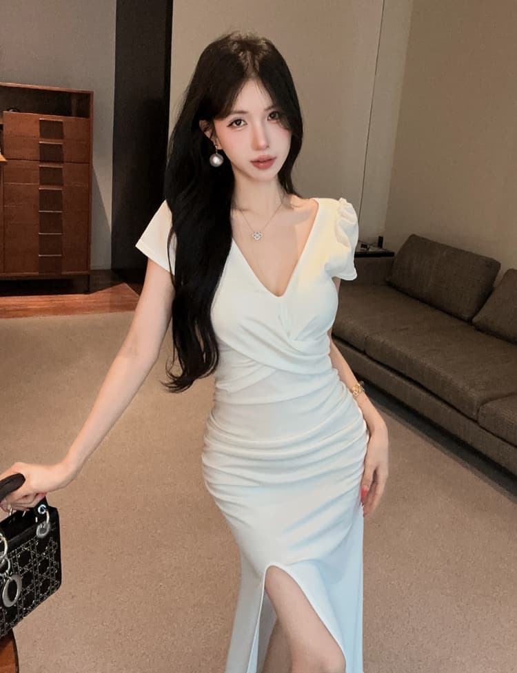 실사 2026 새로운 여름 트임 롱 스커트 품격 디스플레이 몸 나이트 클럽 섹시함 V넥 드레스 상세 이미지 12