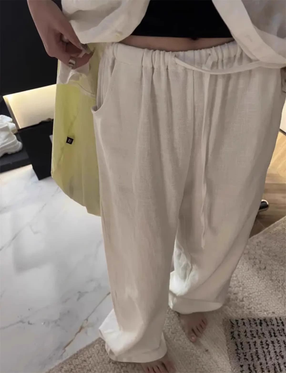 화이트 라미 바지 여름 얇은 스타일 워싱 허리밴드 펌프 로프 캐주얼 면 린넨 와이드 레그 팬츠 오래된 돈 바람 아마 바지 이미지 2