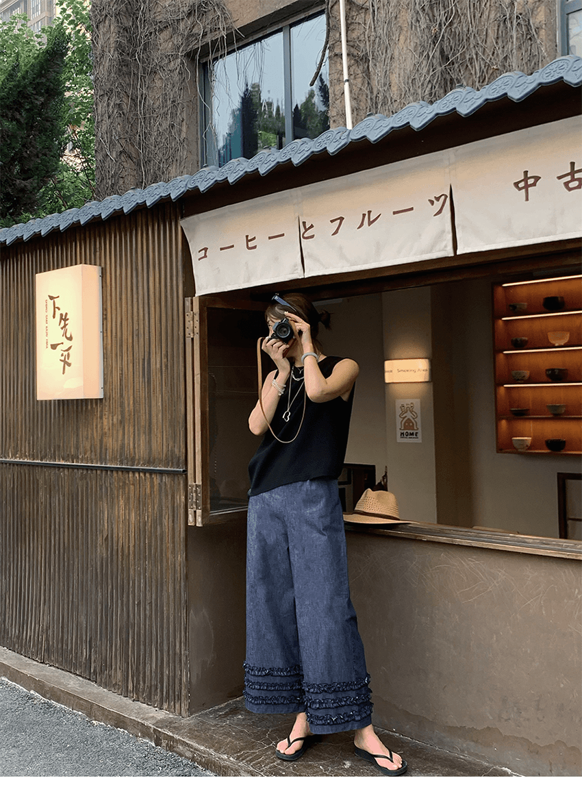 오리지널 아시아 인 대마 모방 데님 바지 목이버섯 레이스 신축성 허리밴드 넓은 다리 스트레이트 팬츠 상세 이미지 14