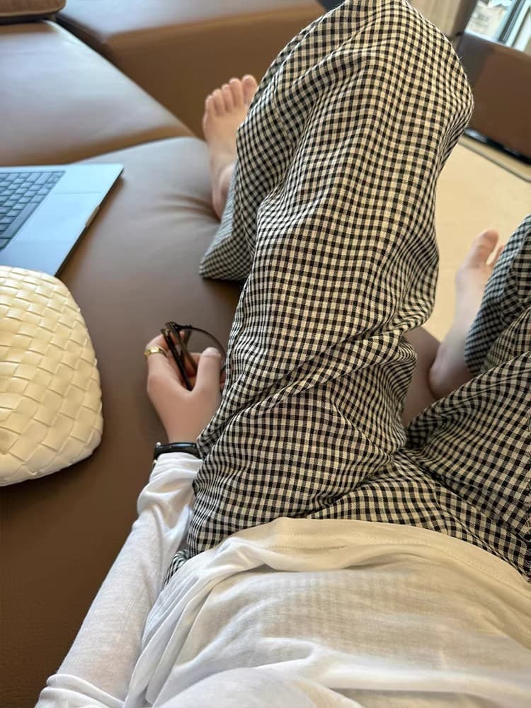 실사 chao 수준 추천 편안한 다시 차가운 ~ 중 면 린넨 체크무늬 바지 허리밴드 다용도 디스플레이 다리 길이 스트레이트 팬츠 이미지 2