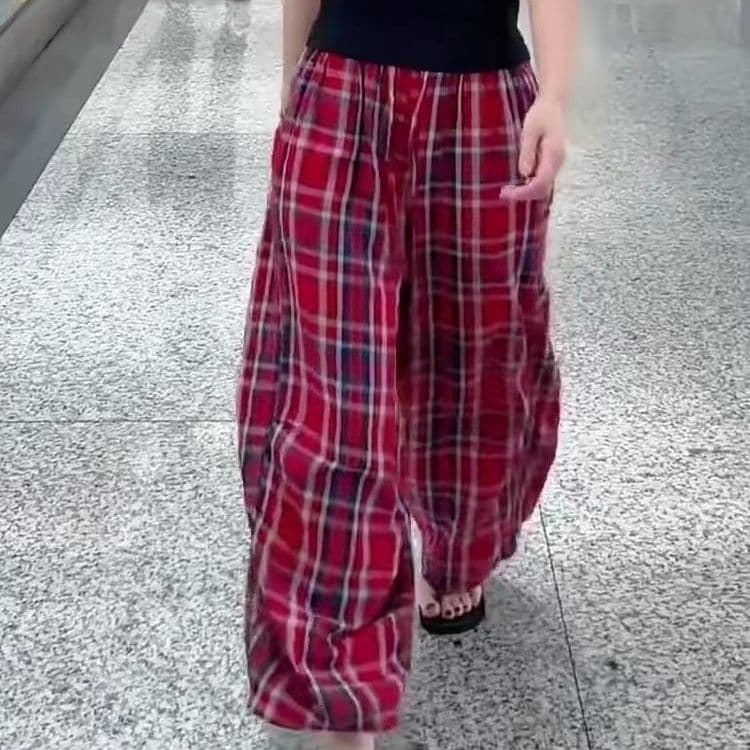 새로운 체크무늬 바지 다용도 아메리칸 캐주얼 바지 루즈핏 와이드 레그 팬츠 느긋한 슬림해 보이는 체크무늬 바닥 청소 바지 상세 이미지 2