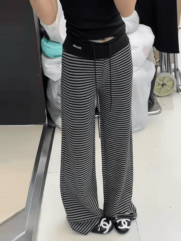 한국 스타일 하이웨이스트 자수 알파벳 스트라이프 와이드 레그 팬츠 느긋한 바람 레이스업 루즈핏 캐주얼 바지 다용도 슬림해 보이는 바지 상세 이미지 8