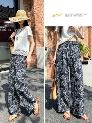 한국 레트로 자카드 디자인 센스 스트레이트 와이드 레그 팬츠 여름 하이웨이스트 캐주얼 느긋한 루즈핏 긴 바지 상세 이미지 1