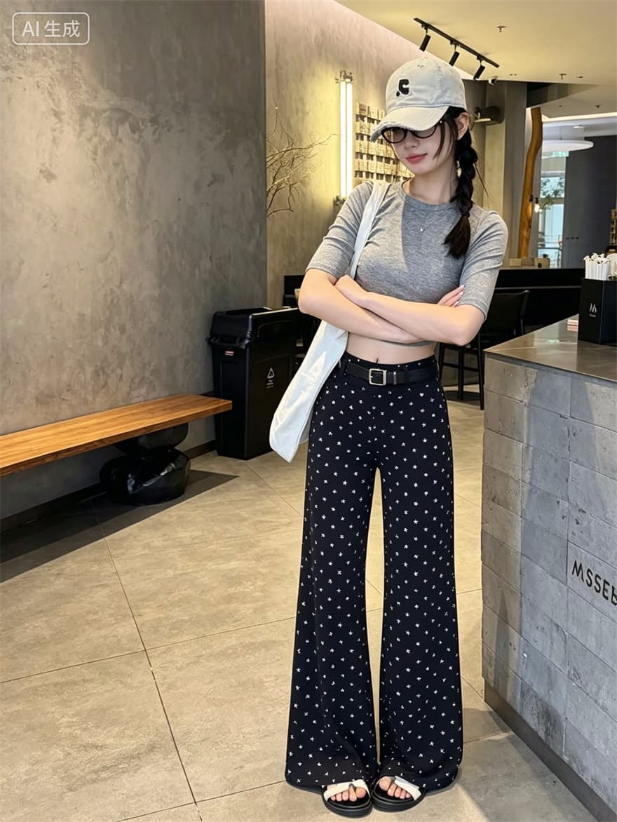 실사 새로운 별 전체 인쇄 부츠컷 캐주얼 바지 여성 느긋한 바람 다용도 도루 센스 바닥 청소 슬림해 보이는 긴 바지 상세 이미지 19