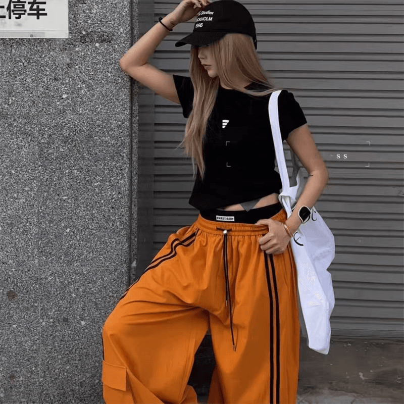 잘 생긴 스트라이프 패치워크 색상 워크웨어 캐주얼 바지 새로운 하이웨이스트 루즈핏 슬림해 보이는 다용도 스트레이트 조거 웨이 바지 트렌디 상세 이미지 4