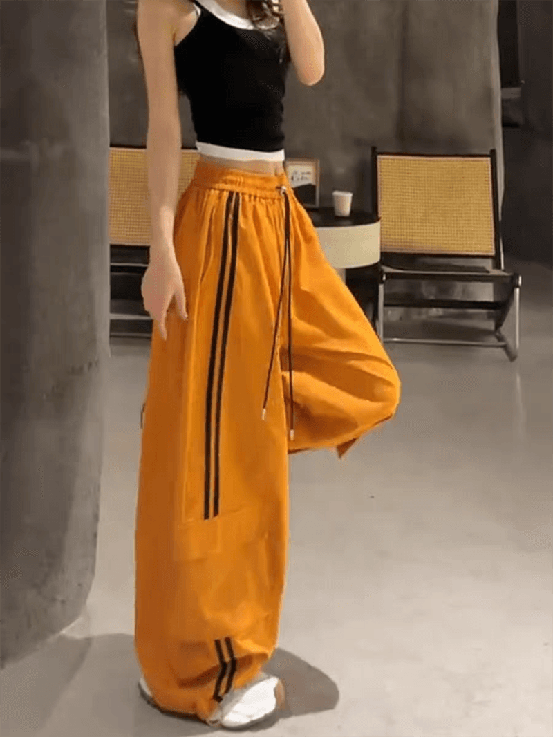 잘 생긴 스트라이프 패치워크 색상 워크웨어 캐주얼 바지 새로운 하이웨이스트 루즈핏 슬림해 보이는 다용도 스트레이트 조거 웨이 바지 트렌디 상세 이미지 6