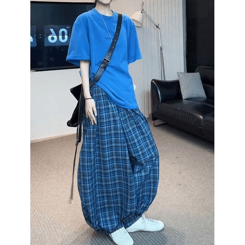 새로운 바다 소금 체크무늬 허리밴드 다용도 체크무늬 표지 고기 루즈핏 슬림해 보이는 넓은 다리 랜턴 캐주얼 바지 이미지 2