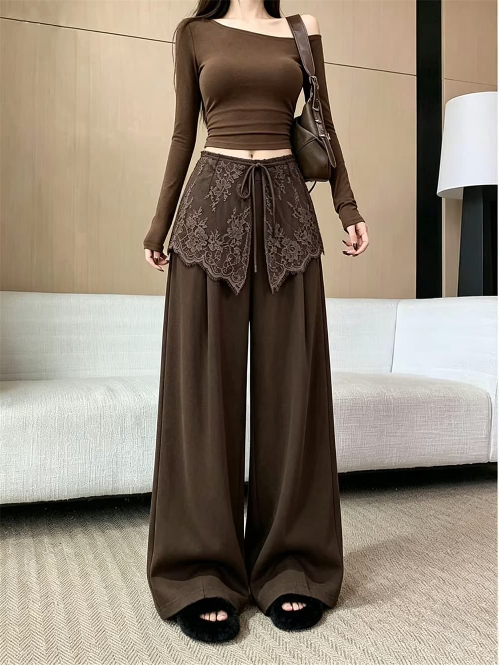 실사 2026 가을 새로운 레이스 방귀 커튼 정장 바지 한국 스타일 작은 대중 디자인 센스 하이웨이스트 슬림해 보이는 도루 센스 상세 이미지 18