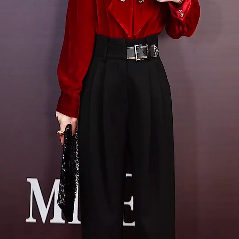 고급 검정색 하이웨이스트 넓은 다리 정장 바지 여성 새로운 두꺼운 스트레이트 출근 바지 도루 센스 캐주얼 슬랙스
