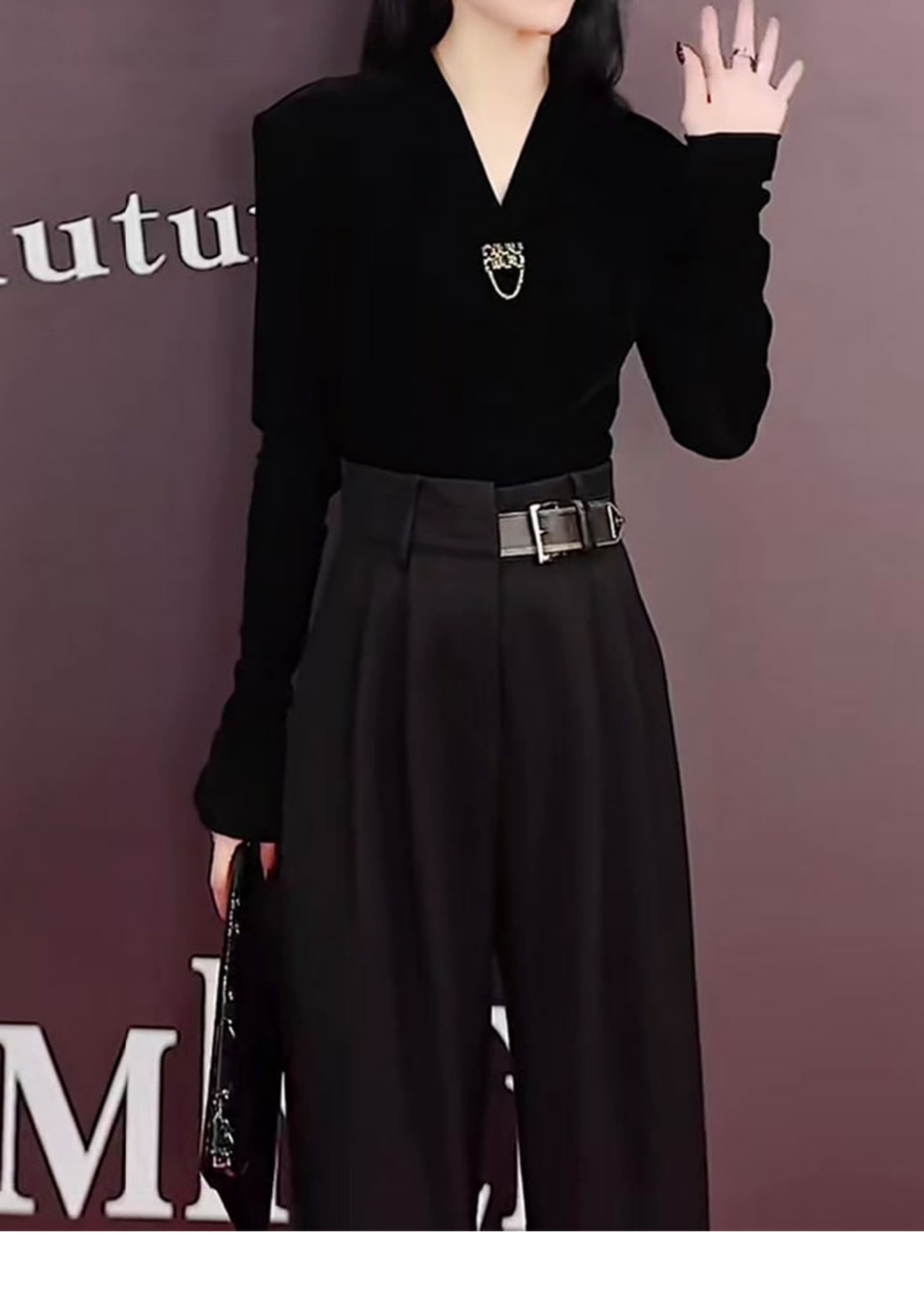 고급 검정색 하이웨이스트 넓은 다리 정장 바지 여성 새로운 두꺼운 스트레이트 출근 바지 도루 센스 캐주얼 슬랙스 상세 이미지 7