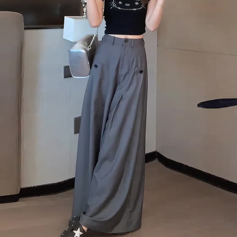 패션 레트로 느긋한 바람 캐주얼 바지 2026 가을 새로운 미니멀리즘 품격 하이웨이스트 도루 센스 넓은 다리 길이 바지 이미지 2