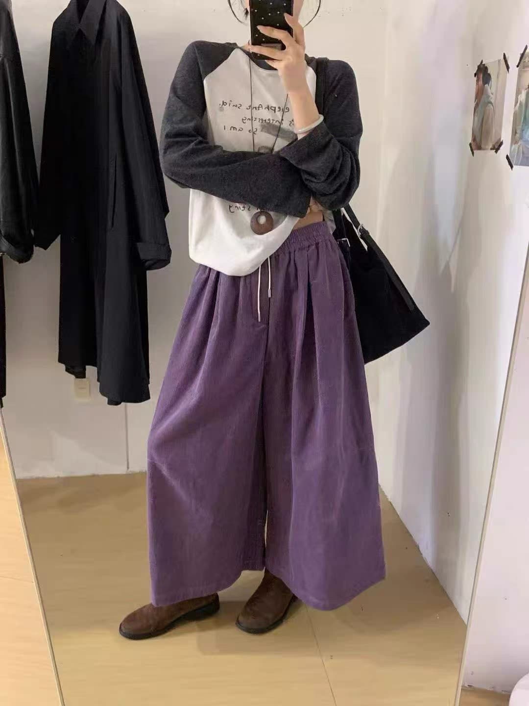 이른 가을 패션 다용도 단색 펌프 로프 코듀로이 넓은 다리 캐주얼 바지 7 점 대 와이드 레그 팬츠 치마 상세 이미지 2