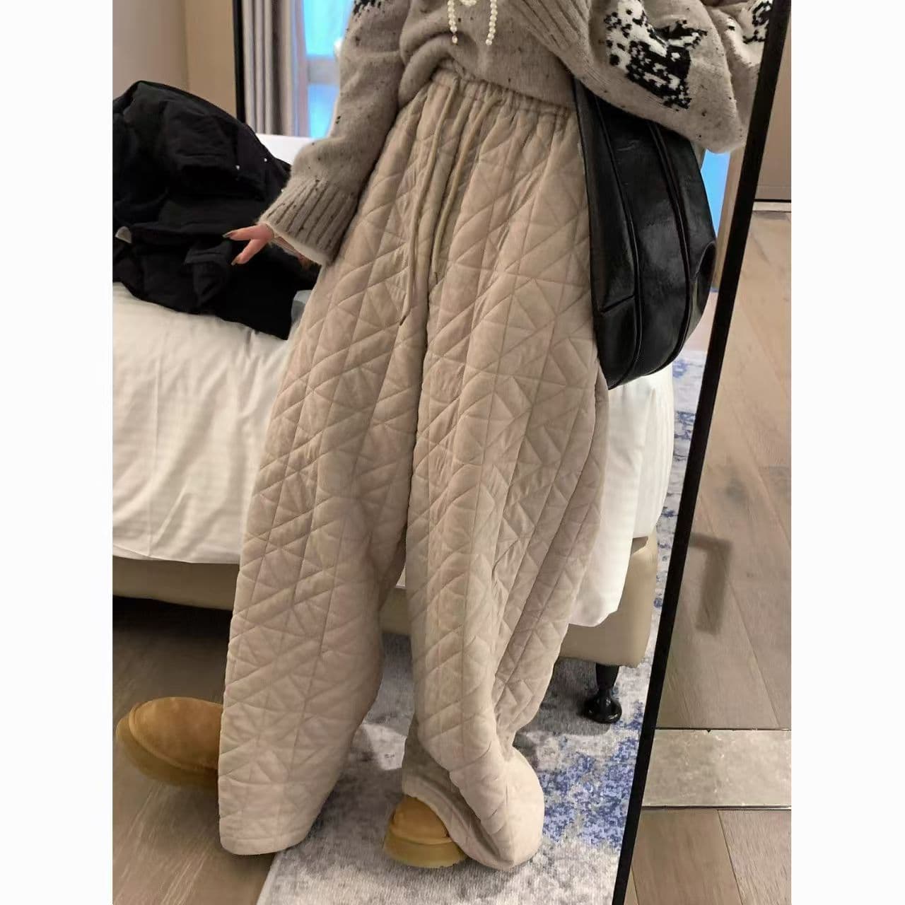 느긋한 센스 방한 링 그리드 솜을 넣은 웨이 바지 여성 겨울 한 부서 보온 루즈핏 캐주얼 와이드 레그 팬츠 상세 이미지 4