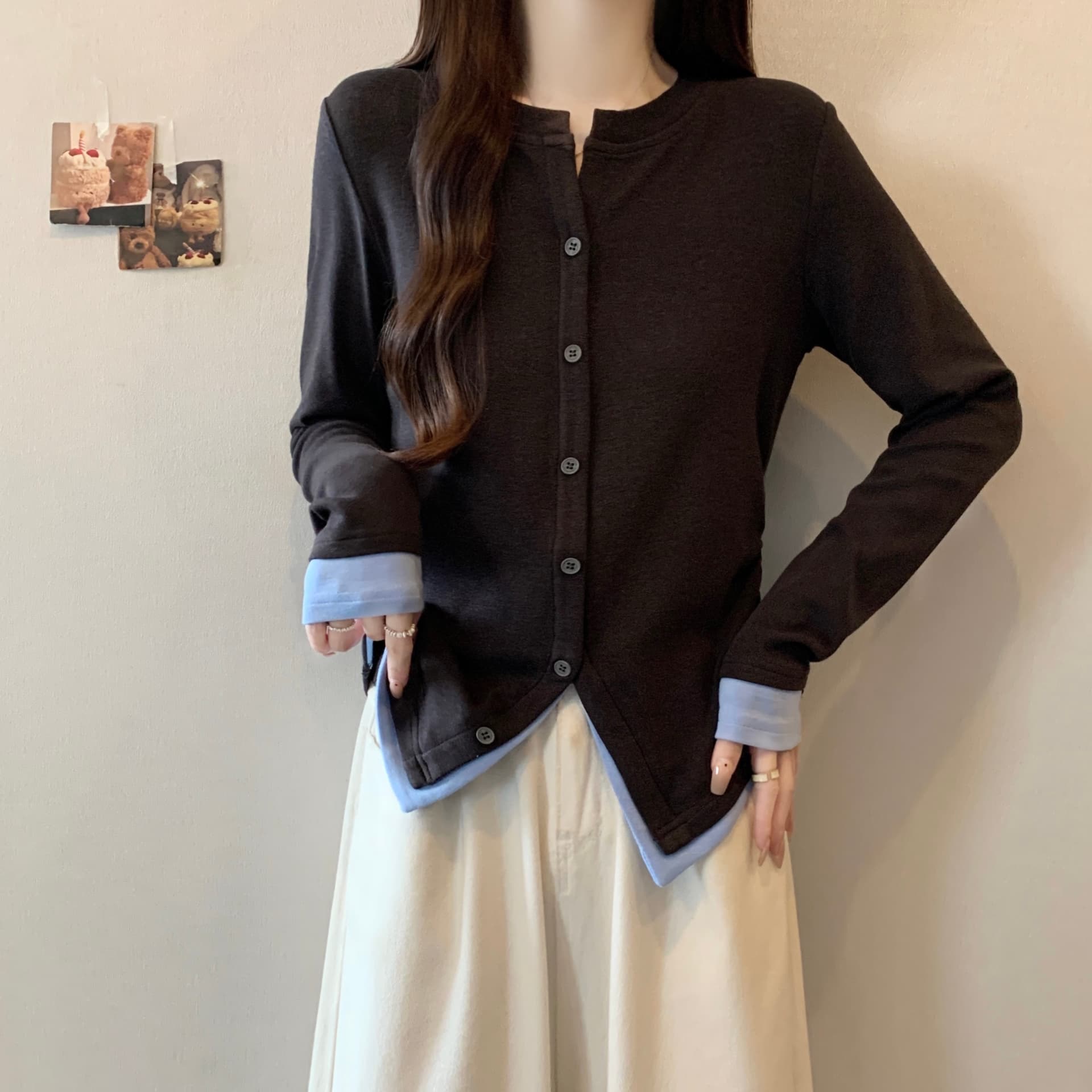 실사 빅 사이즈 지방 mm 긍정적 인 어깨 슬림해 보이는 페이크 레이어드 티셔츠 여성 가을 새로운 인사이드 가져 가라. 기본 셔츠 맨위 이미지 3