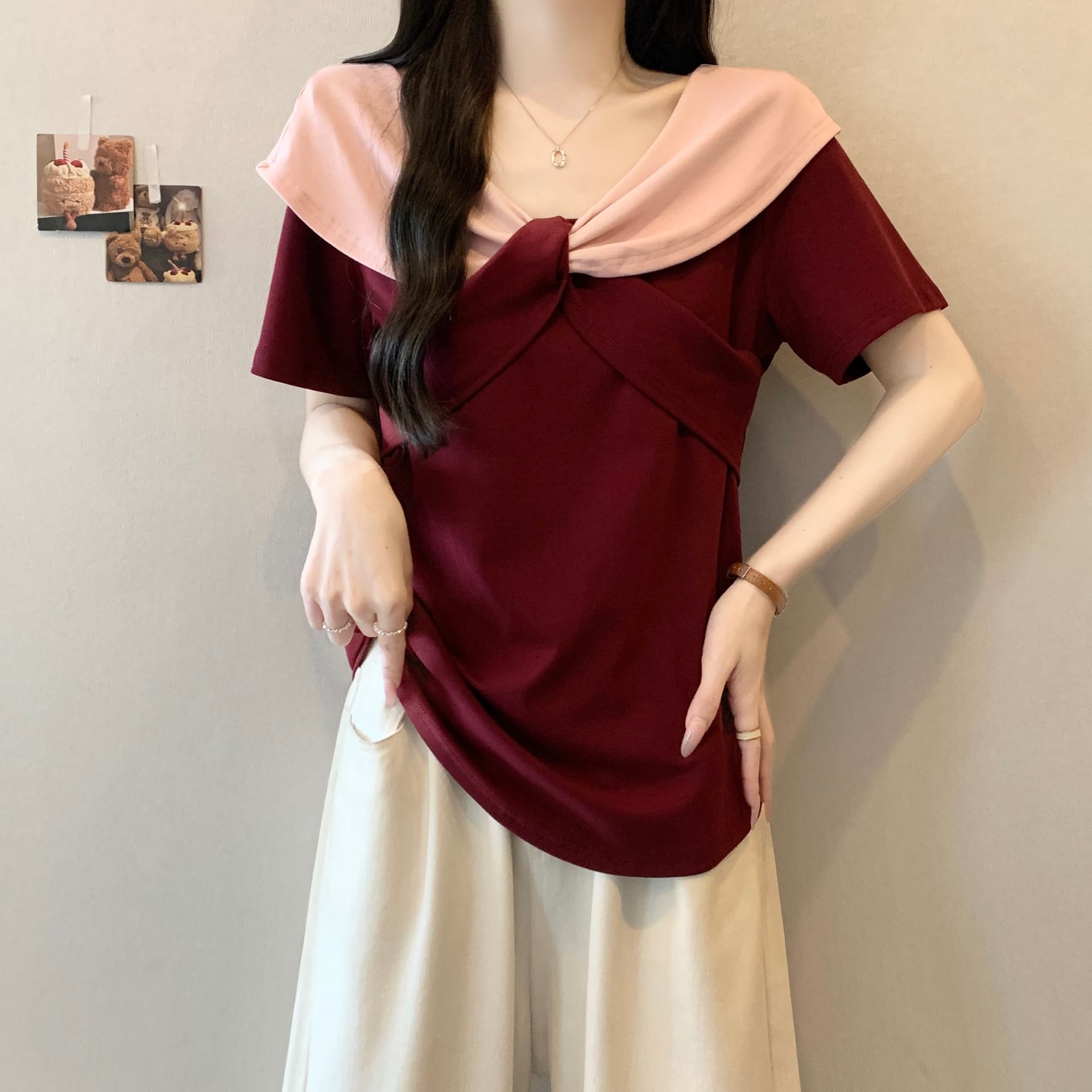 실사 빅 사이즈 달콤함 연령 감소 지방 mm 여름 새로운 디자인 센스 배색 V넥 비틀림 반팔 티셔츠 다용도 맨위 상세 이미지 11