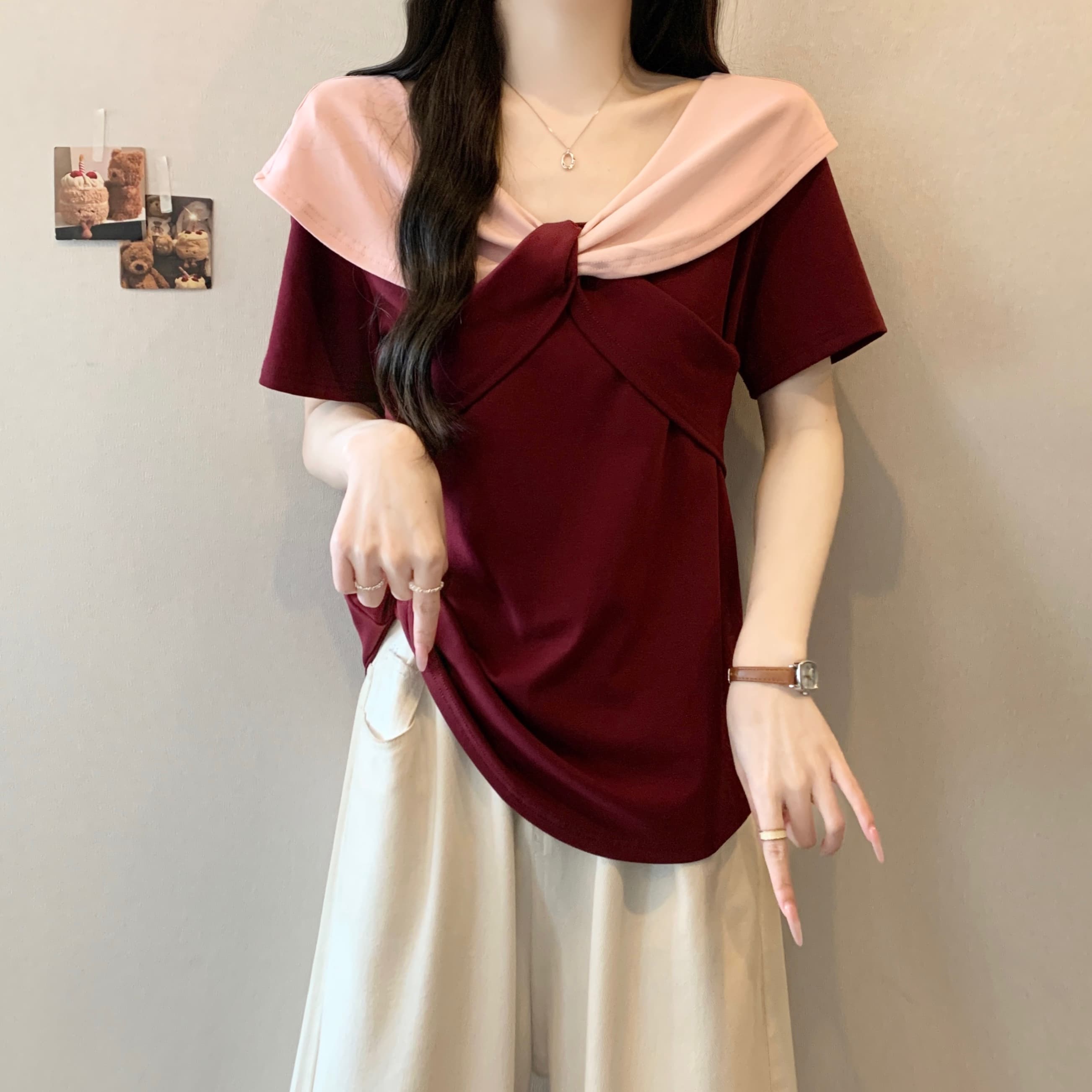 실사 빅 사이즈 달콤함 연령 감소 지방 mm 여름 새로운 디자인 센스 배색 V넥 비틀림 반팔 티셔츠 다용도 맨위 상세 이미지 12