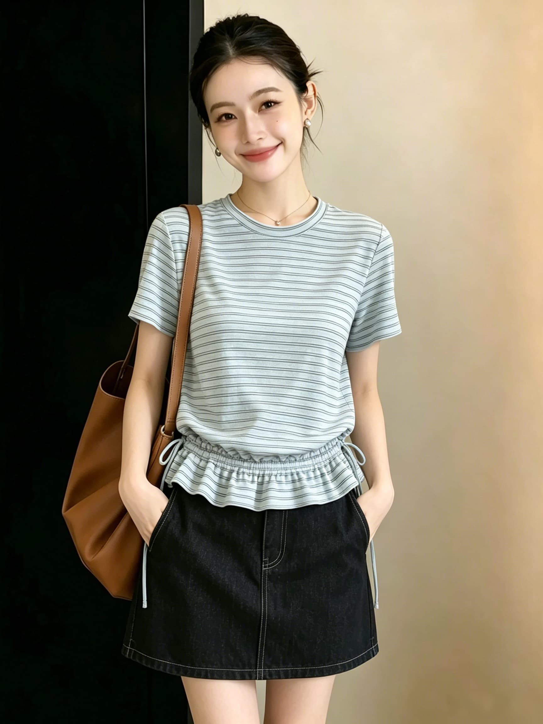 빅 사이즈 한 부서 레트로 스트라이프 반팔 티셔츠 여성 여름 허리 수축 슬림해 보이는 다용도 레이스업 디자인 센스 맨위 이미지 2