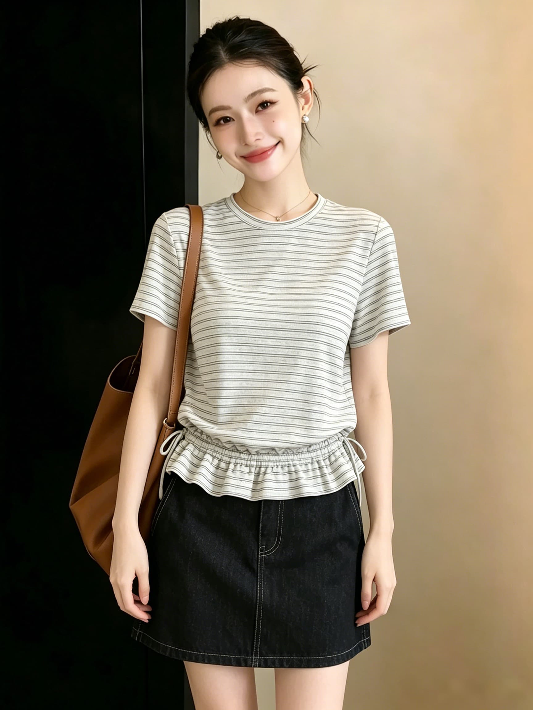 빅 사이즈 한 부서 레트로 스트라이프 반팔 티셔츠 여성 여름 허리 수축 슬림해 보이는 다용도 레이스업 디자인 센스 맨위 이미지 3