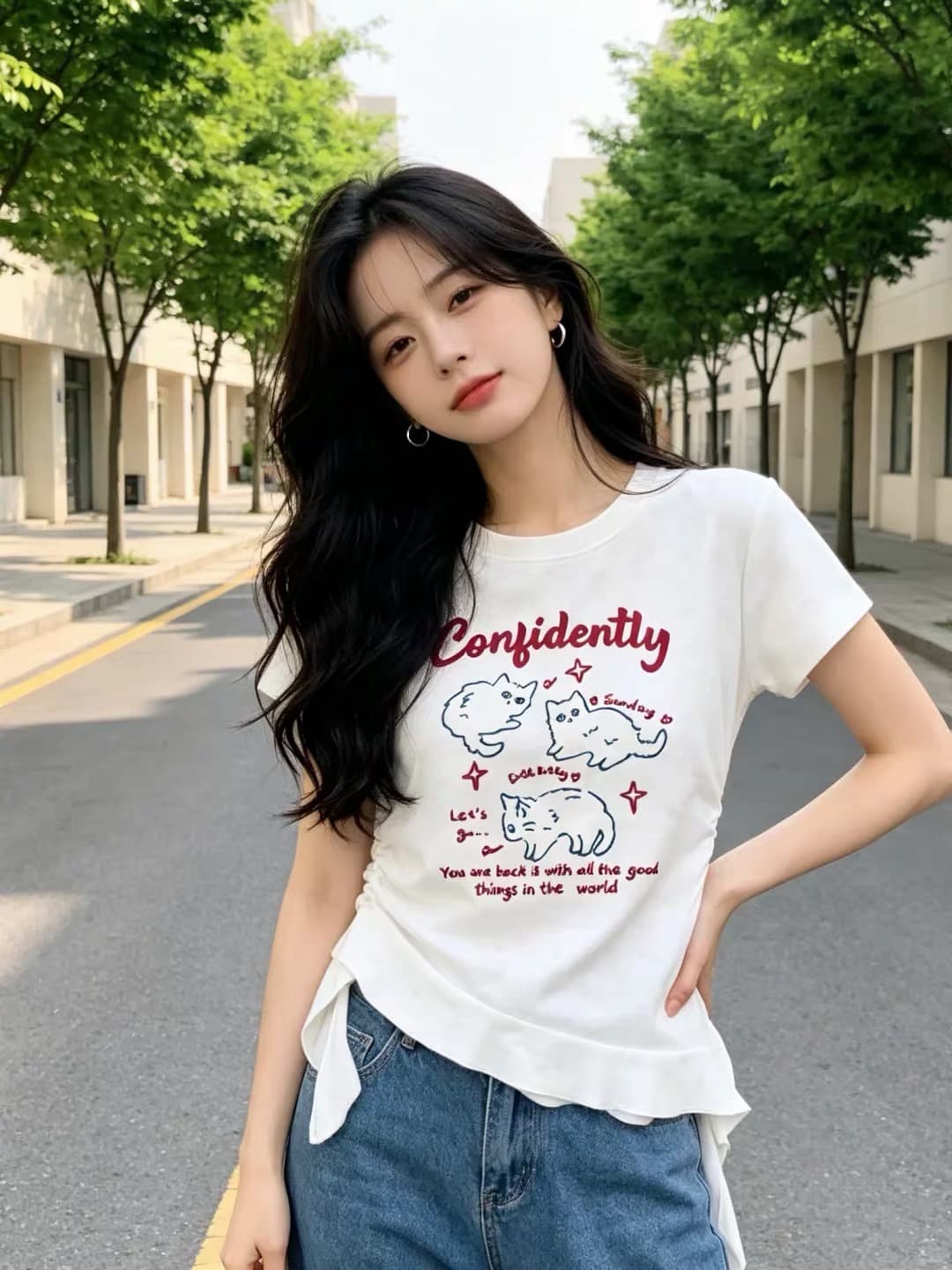 빅 사이즈 화이트 긍정적 인 어깨 라운드 넥 반팔 티셔츠 여성 여름 지방 mm 표지 고기 슬림해 보이는 디자인 센스 몸매 가꾸기 쇼트 스타일 맨위 상세 이미지 1
