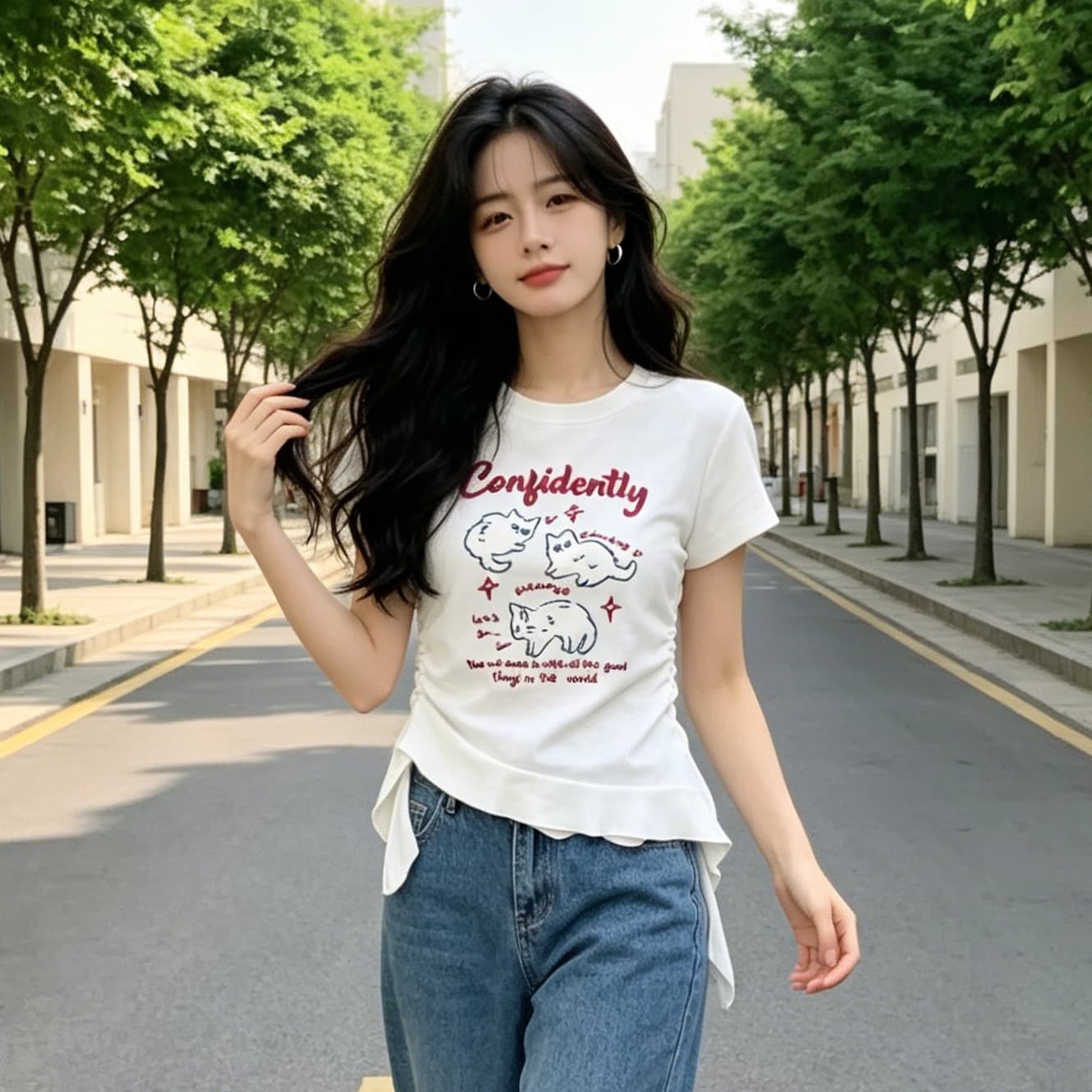 빅 사이즈 화이트 긍정적 인 어깨 라운드 넥 반팔 티셔츠 여성 여름 지방 mm 표지 고기 슬림해 보이는 디자인 센스 몸매 가꾸기 쇼트 스타일 맨위 상세 이미지 2