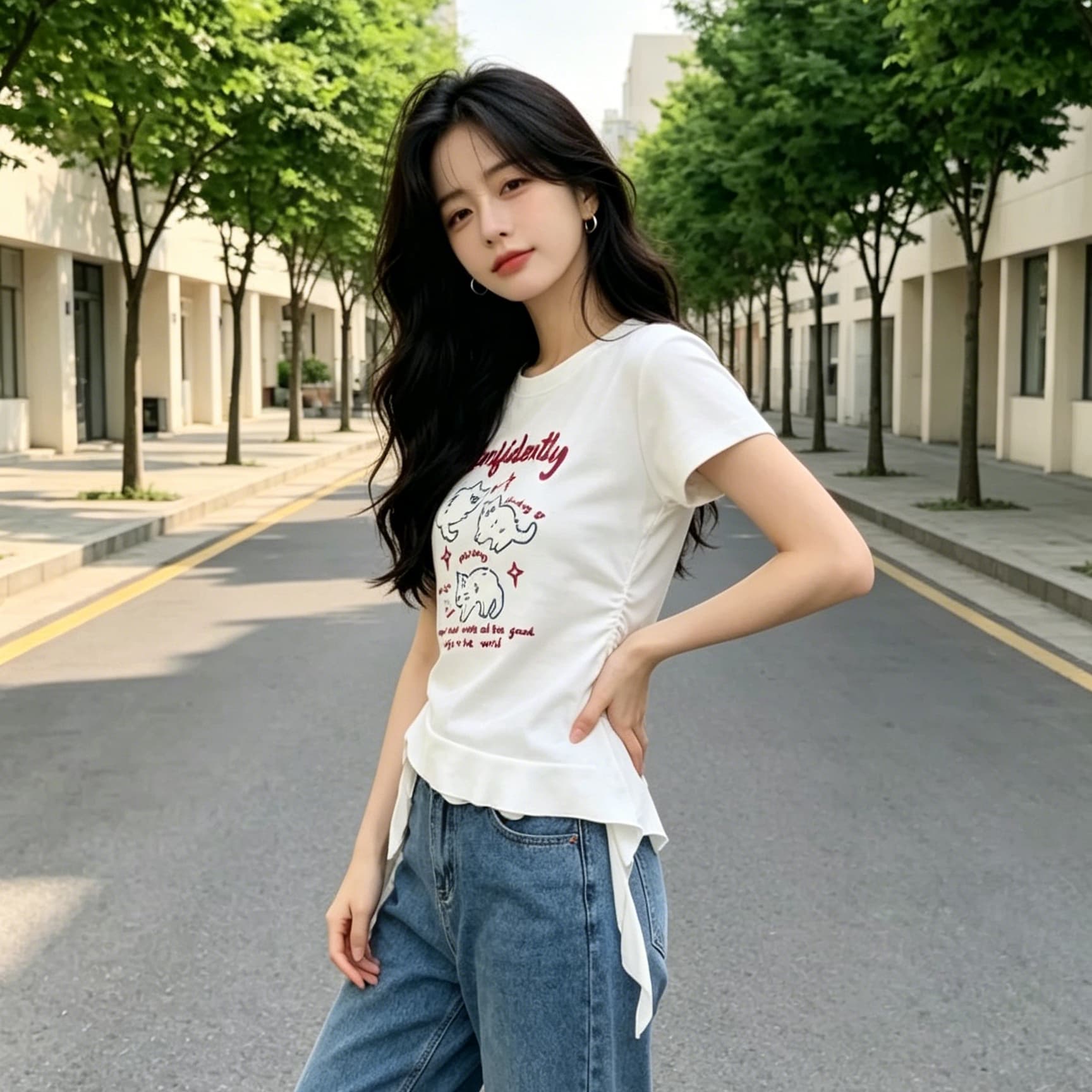 빅 사이즈 화이트 긍정적 인 어깨 라운드 넥 반팔 티셔츠 여성 여름 지방 mm 표지 고기 슬림해 보이는 디자인 센스 몸매 가꾸기 쇼트 스타일 맨위 상세 이미지 3