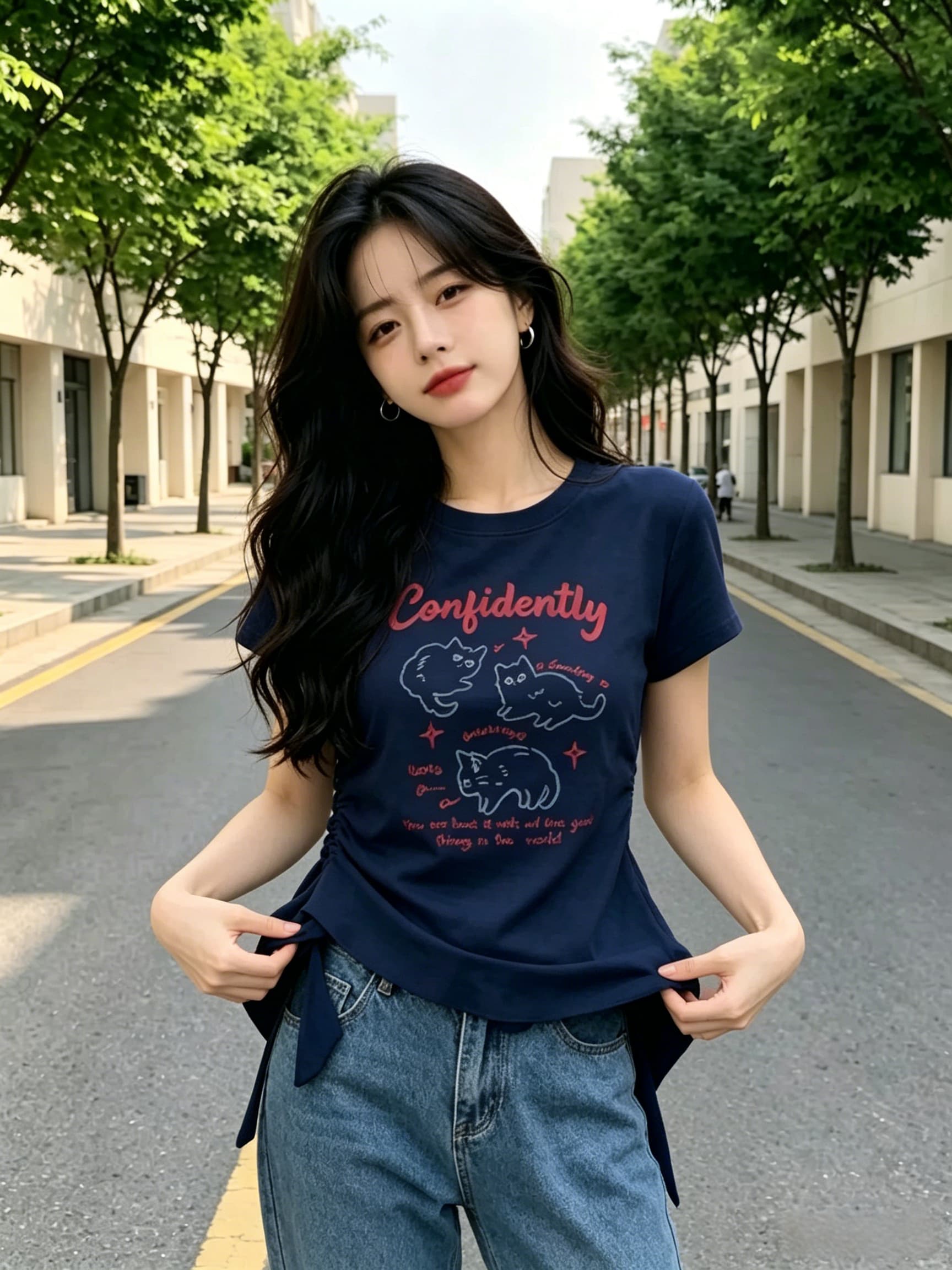 빅 사이즈 화이트 긍정적 인 어깨 라운드 넥 반팔 티셔츠 여성 여름 지방 mm 표지 고기 슬림해 보이는 디자인 센스 몸매 가꾸기 쇼트 스타일 맨위 상세 이미지 9