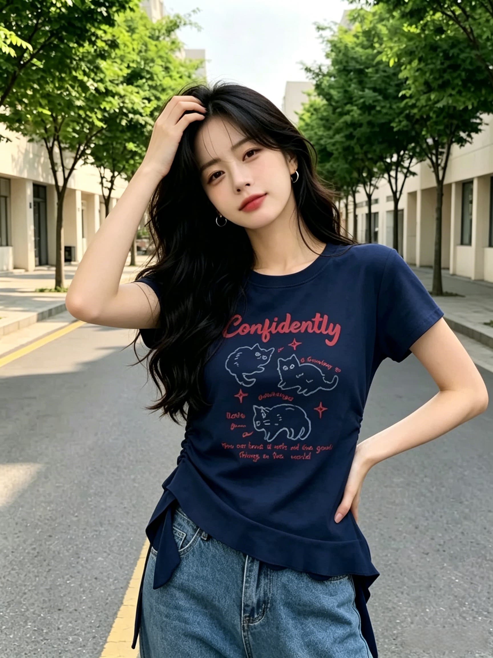 빅 사이즈 화이트 긍정적 인 어깨 라운드 넥 반팔 티셔츠 여성 여름 지방 mm 표지 고기 슬림해 보이는 디자인 센스 몸매 가꾸기 쇼트 스타일 맨위 상세 이미지 10