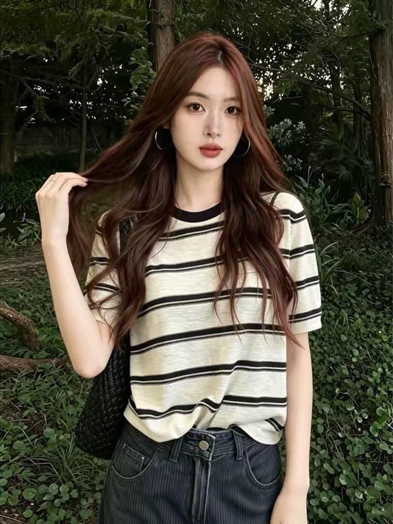 빅 사이즈 디자인 센스 배색 스트라이프 반팔 티셔츠 여성 여름 지방 mm 슬림해 보이는 표지 고기 품격 맨위 상세 이미지 3