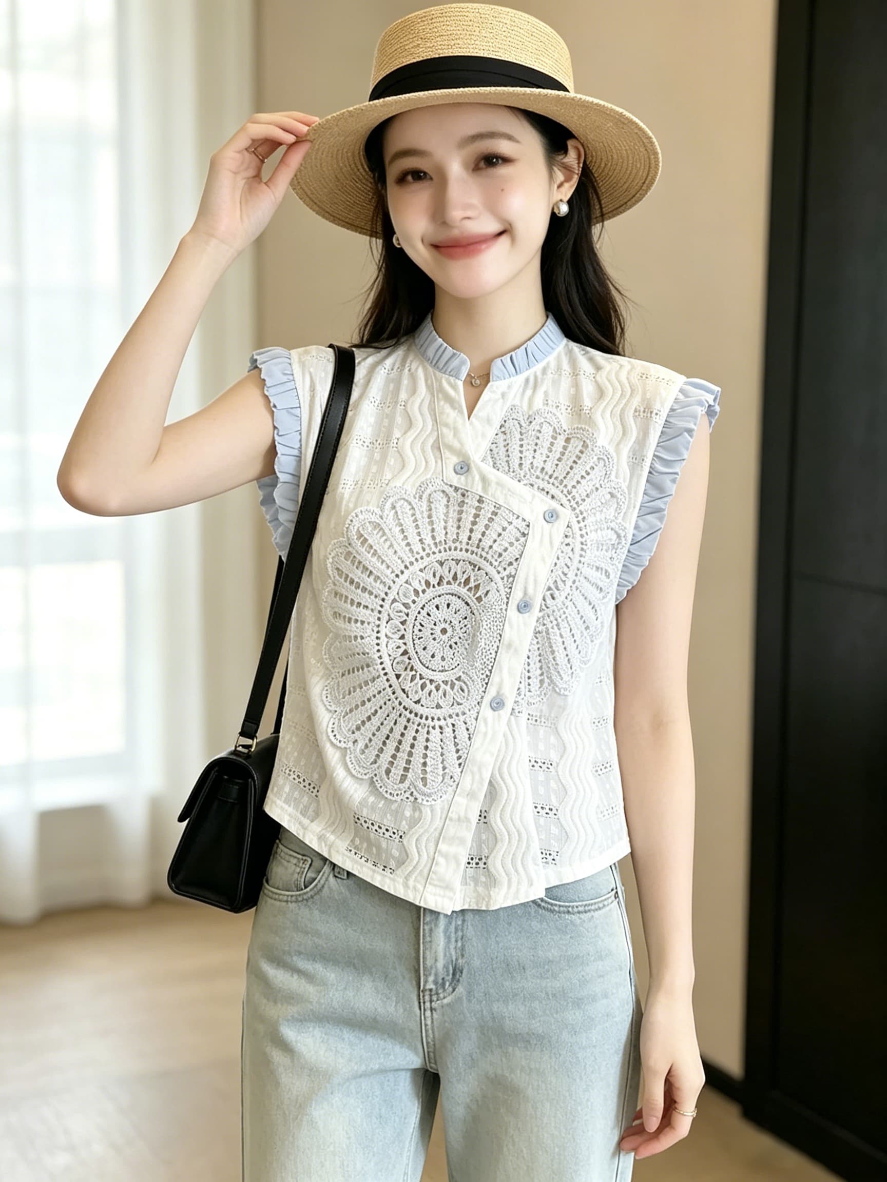 빅 사이즈 프랑스식 홀로우 아웃 반팔 여성 셔츠 여름 지방 mm 표지 고기 슬림해 보이는 디자인 센스 작은 대중 파란색 맨위 이미지 3