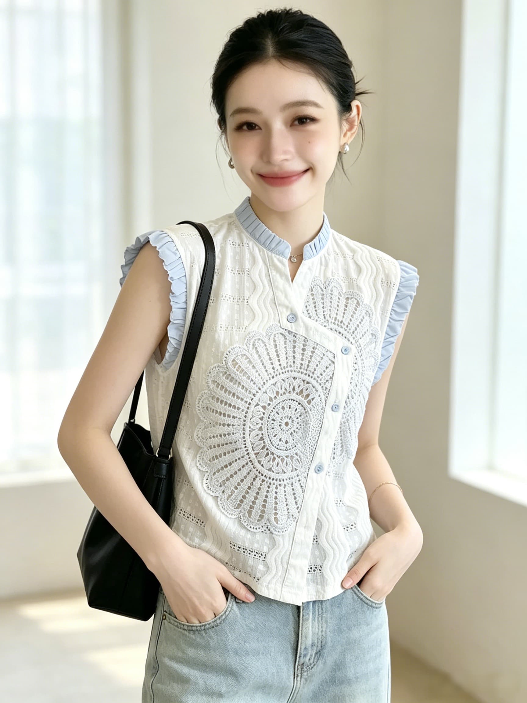 빅 사이즈 프랑스식 홀로우 아웃 반팔 여성 셔츠 여름 지방 mm 표지 고기 슬림해 보이는 디자인 센스 작은 대중 파란색 맨위 이미지 2