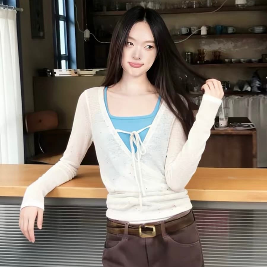 빅 사이즈 청 순수한 시스템 느슨함 센스 두 조각 여성 세트 여름 마이크로 ~을 통해 자외선 차단 블라우스 V넥 캐주얼 맨위